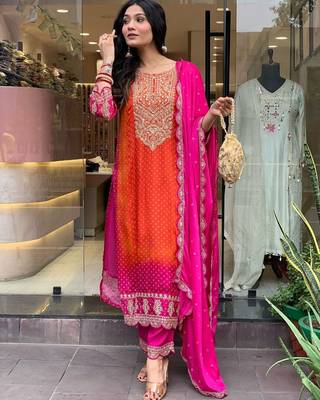 Elegant Orange and Pink ombre embroidered salwar suit with dupatta 4