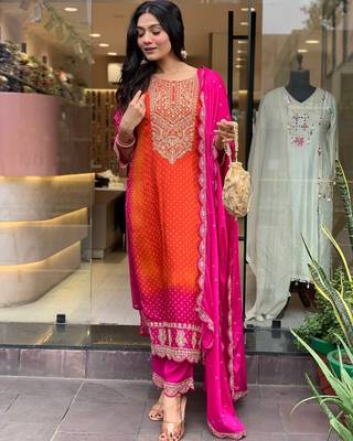 Elegant Orange and Pink ombre embroidered salwar suit with dupatta 5