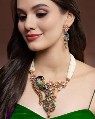 Mansiyaorange south indian peacock long chain pendant long necklace jewelry artificial imitation set for women 1