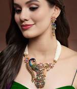 Mansiyaorange south indian peacock long chain pendant long necklace jewelry artificial imitation set for women