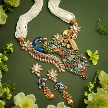 Mansiyaorange south indian peacock long chain pendant long necklace jewelry artificial imitation set for women 2