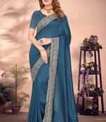 Teal Blue Zari Embroidery Work Vichitra Silk Saree