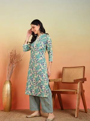 women's cotton flex floral print regular fitted mirror work straight kurta with pant (green) 2