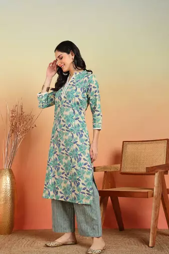  women's cotton flex floral print regular fitted mirror work straight kurta with pant (green)