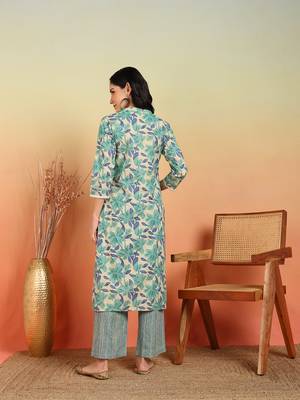  women's cotton flex floral print regular fitted mirror work straight kurta with pant (green) 3