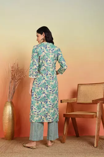  women's cotton flex floral print regular fitted mirror work straight kurta with pant (green)
