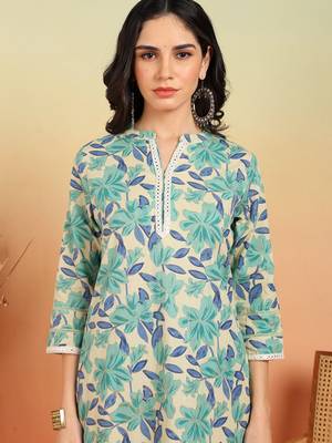  women's cotton flex floral print regular fitted mirror work straight kurta with pant (green) 4