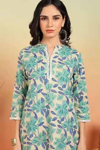  women's cotton flex floral print regular fitted mirror work straight kurta with pant (green)