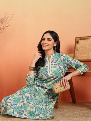  women's cotton flex floral print regular fitted mirror work straight kurta with pant (green) 6