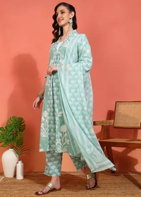  women's cotton floral print with neck anarkali kurta and dupatta (green ) 2