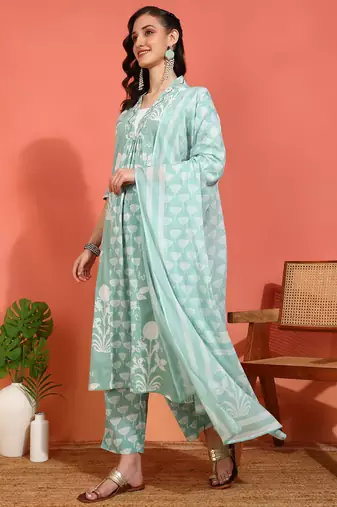  women's cotton floral print with neck anarkali kurta and dupatta (green )
