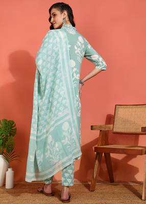  women's cotton floral print with neck anarkali kurta and dupatta (green ) 3