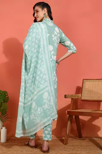  women's cotton floral print with neck anarkali kurta and dupatta (green )