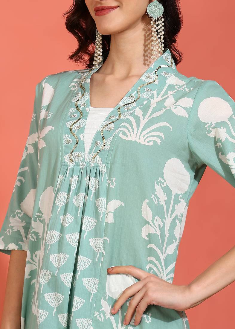 Yash gallery women's cotton floral print with neck anarkali kurta and dupatta (green )