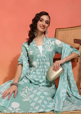  women's cotton floral print with neck anarkali kurta and dupatta (green ) 6