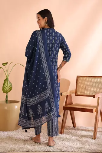  women's cotton cambric straight kurta with printed pant & dupatta