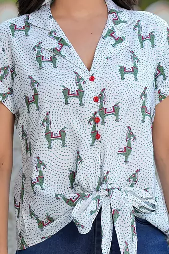  women's horse printed knot style regular top (white)
