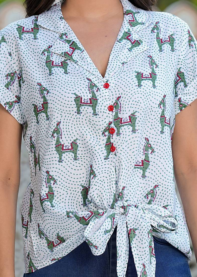 Yash gallery women's horse printed knot style regular top (white)