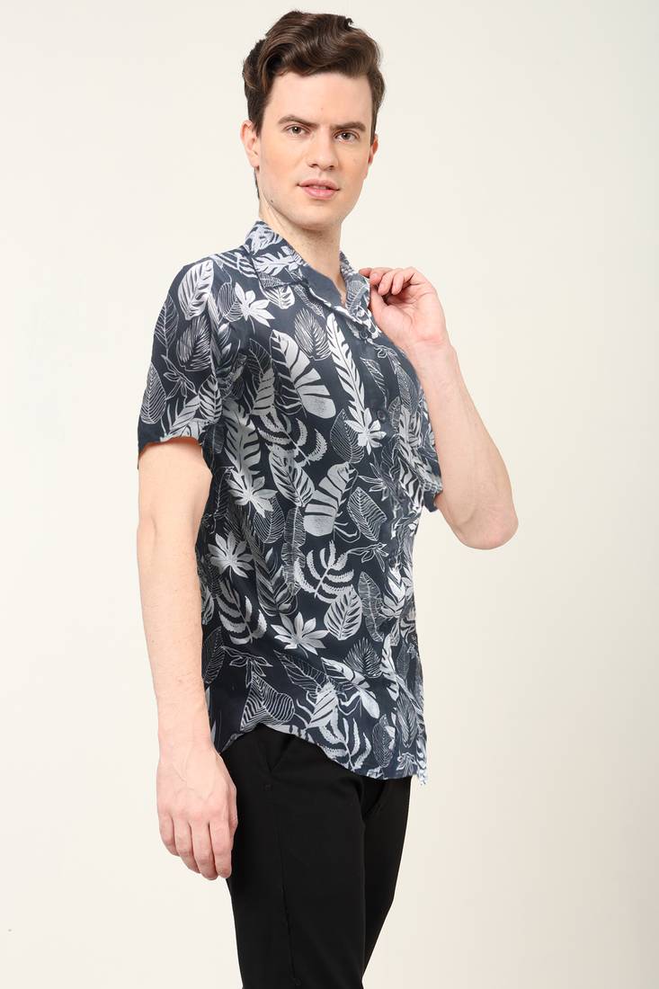 Yash gallery  men's polyester feather print  regular shirt  (black )