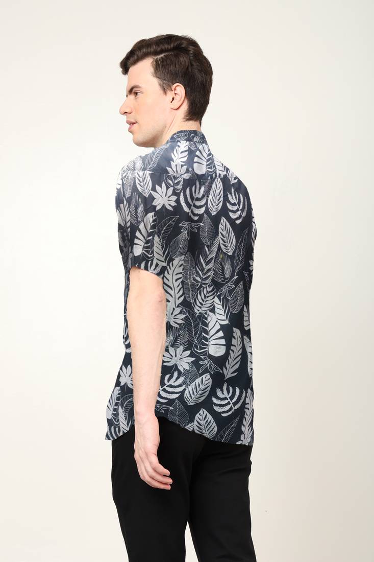 Yash gallery  men's polyester feather print  regular shirt  (black )