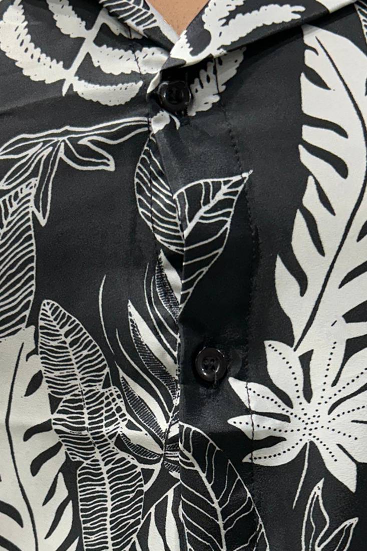 Yash gallery  men's polyester feather print  regular shirt  (black )