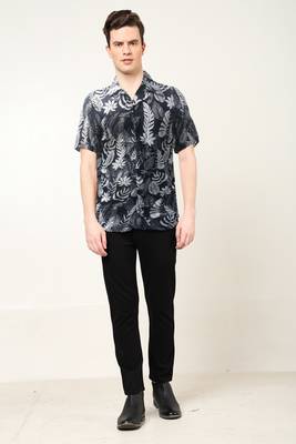  men's polyester feather print regular shirt (black ) 6