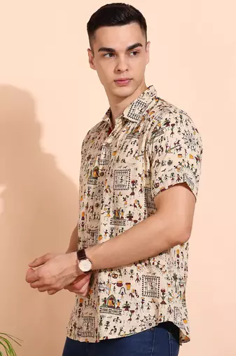  men's cotton warli print  regular shirt (offwhite )