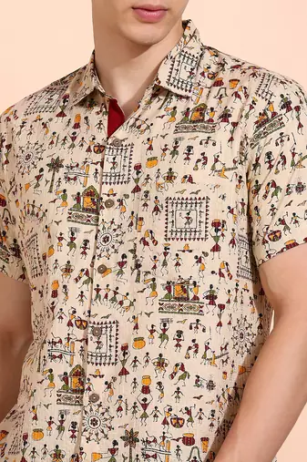  men's cotton warli print  regular shirt (offwhite )
