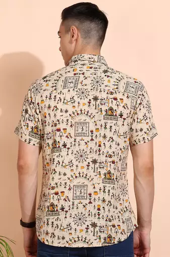  men's cotton warli print  regular shirt (offwhite )
