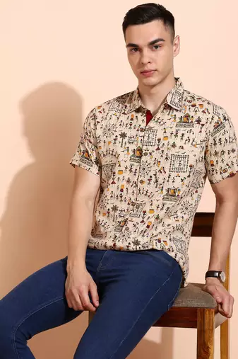  men's cotton warli print  regular shirt (offwhite )