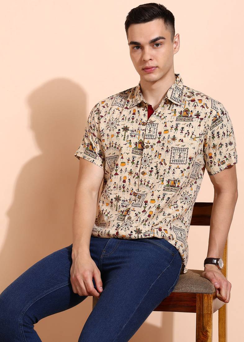 Yash gallery  men's cotton warli print    regular shirt  (offwhite )