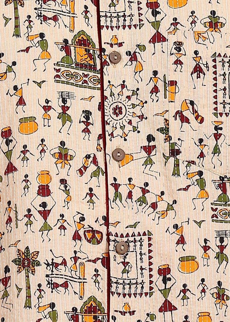 Yash gallery  men's cotton warli print    regular shirt  (offwhite )