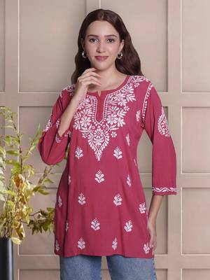 Dusty red rayon lucknowi chikankari top 1