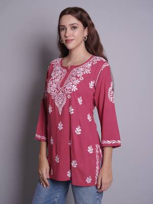Dusty red rayon lucknowi chikankari top 2