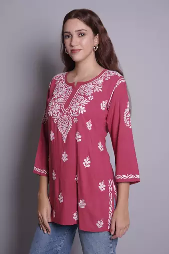 Dusty red rayon lucknowi chikankari top
