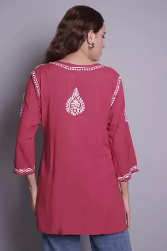 Dusty red rayon lucknowi chikankari top