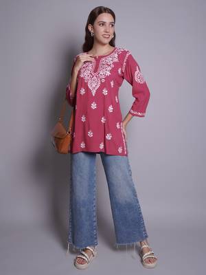 Dusty red rayon lucknowi chikankari top 5