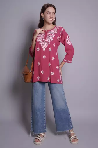 Dusty red rayon lucknowi chikankari top