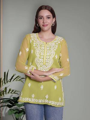 Parrot green georgette lucknowi chikankari top with slip 1