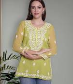 Parrot green georgette lucknowi chikankari top with slip