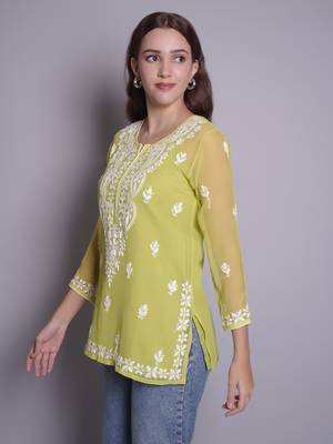 Parrot green georgette lucknowi chikankari top with slip 2