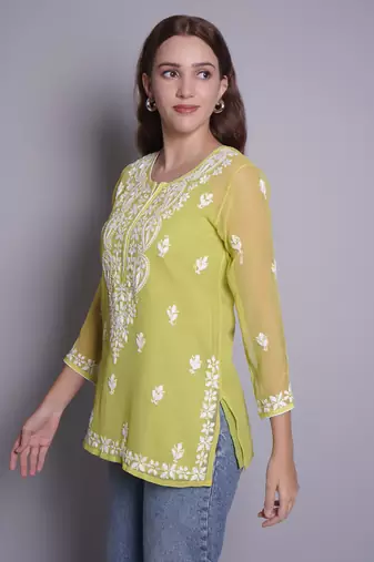 Parrot green georgette lucknowi chikankari top with slip
