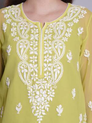 Parrot green georgette lucknowi chikankari top with slip 3