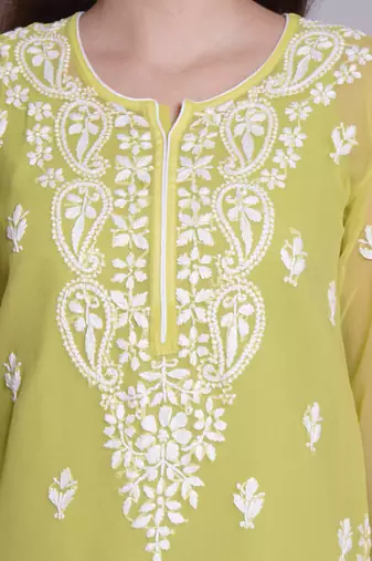 Parrot green georgette lucknowi chikankari top with slip