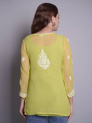 Parrot green georgette lucknowi chikankari top with slip 4