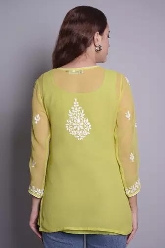Parrot green georgette lucknowi chikankari top with slip