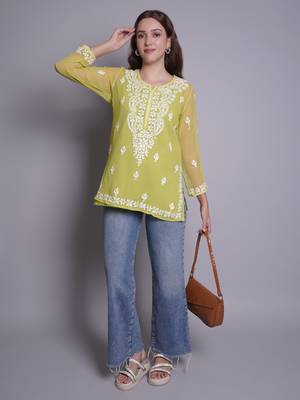 Parrot green georgette lucknowi chikankari top with slip 5