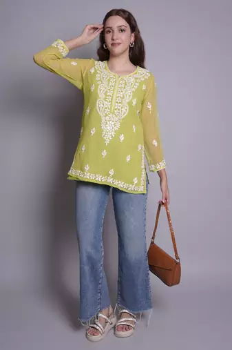 Parrot green georgette lucknowi chikankari top with slip