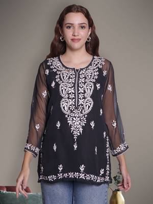 Black georgette lucknowi chikankari top with slip 1