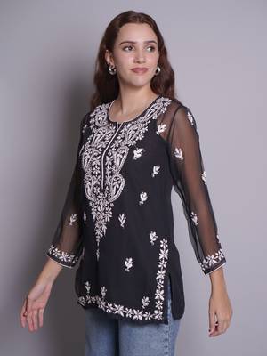 Black georgette lucknowi chikankari top with slip 2
